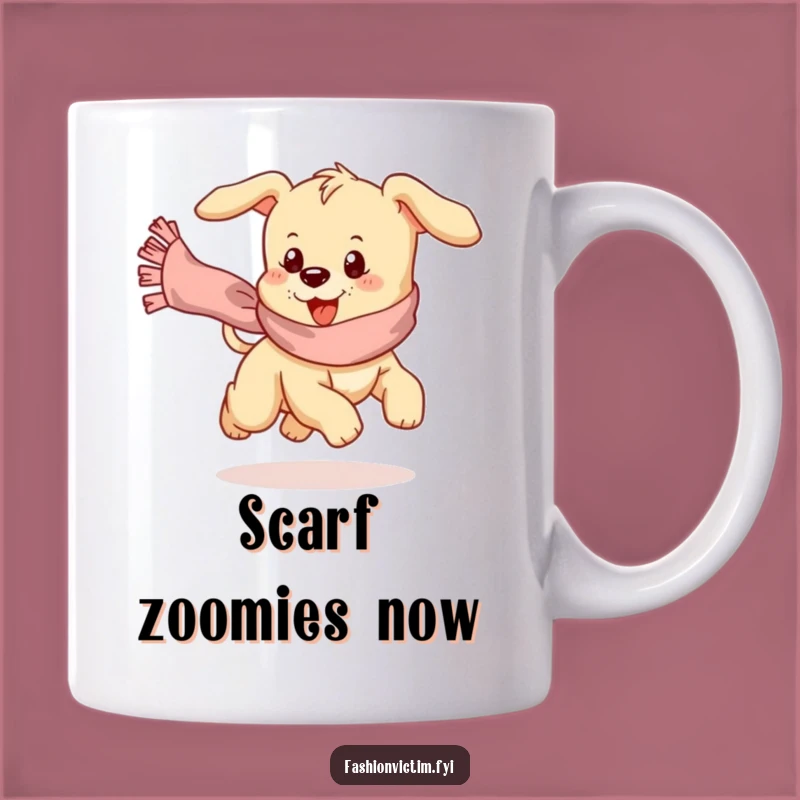 Funny Puppy Scarf Chase Mug: Adorable Dog's Hilarious Frilly Pursuit