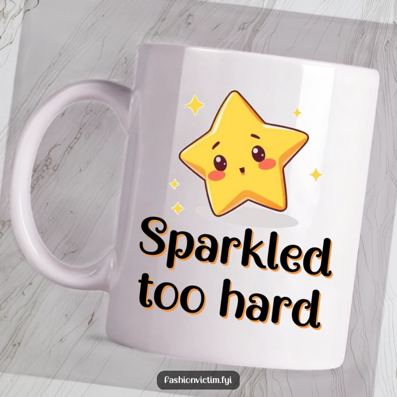 Funny mug featuring a cute star character tripping over its own sparkle with a surprised expression, capturing a moment of adorable clumsiness.