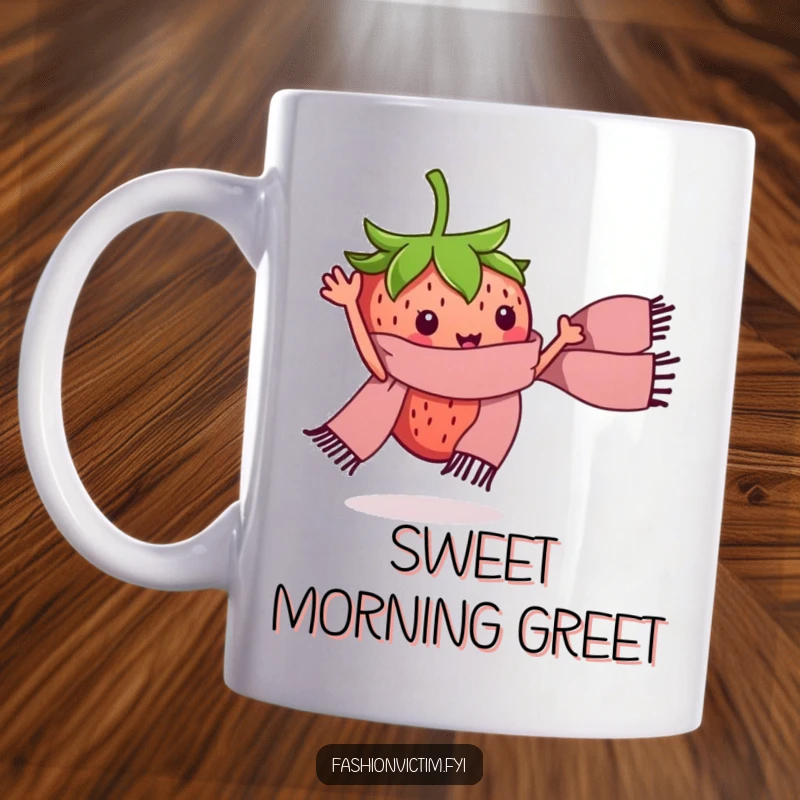 Funny mug with a tiny strawberry character excitedly waving a miniature stylish scarf. A humorous gift for fruit lovers.