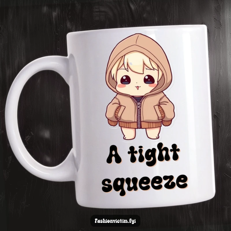 Funny Mug: A character straining with all their might to zip up a jacket that is visibly too small, seams bulging.
