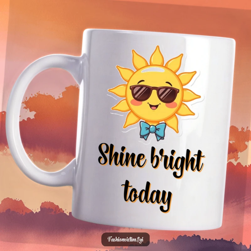 Funny mug with a cheerful smiling sun wearing sunglasses and a tiny bowtie. A humorous gift for bright personalities.