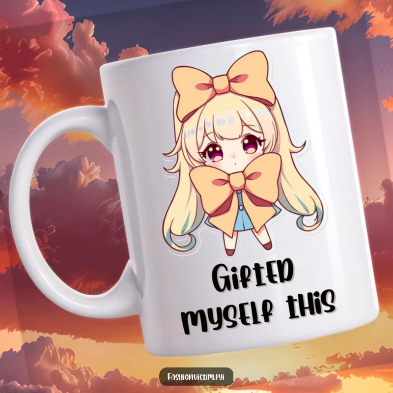 Funny mug of a character dramatically posing with an oversized, brightly colored bow, exuding theatrical flair.