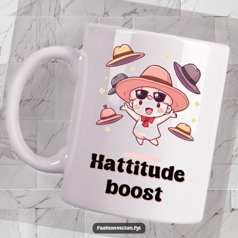 Funny mug showing a small cloudburst character happily juggling several oversized, stylish hats, showcasing playful fashion chaos.