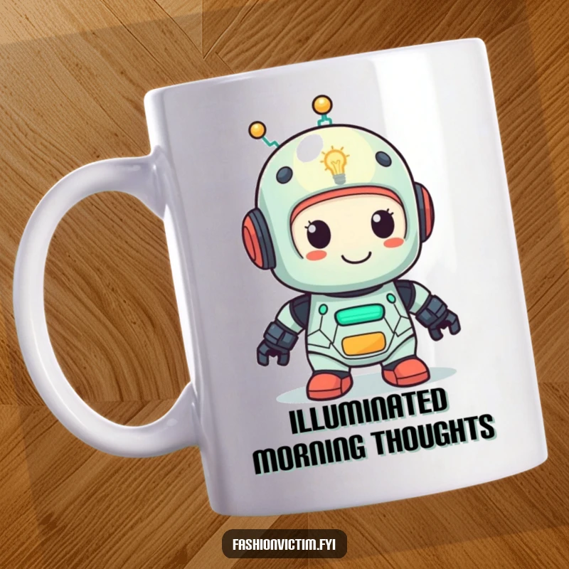 Funny mug with a cute robot character featuring a lightbulb head, looking very pleased with itself. A humorous tech gift.