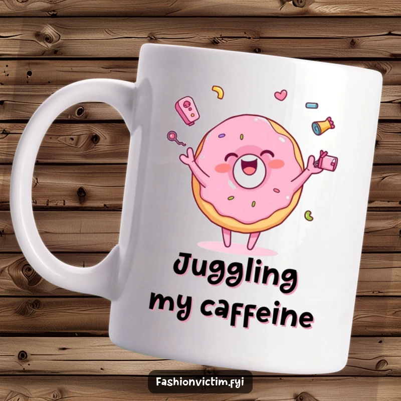 Funny mug featuring a pink donut character joyfully juggling tiny, colorful accessories, radiating happiness and a love for fun.