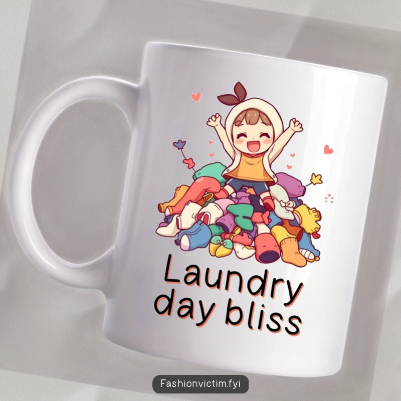 Funny mug showing a character joyfully jumping headfirst into a huge pile of colorful, mismatched clothing, embodying pure, carefree fun.