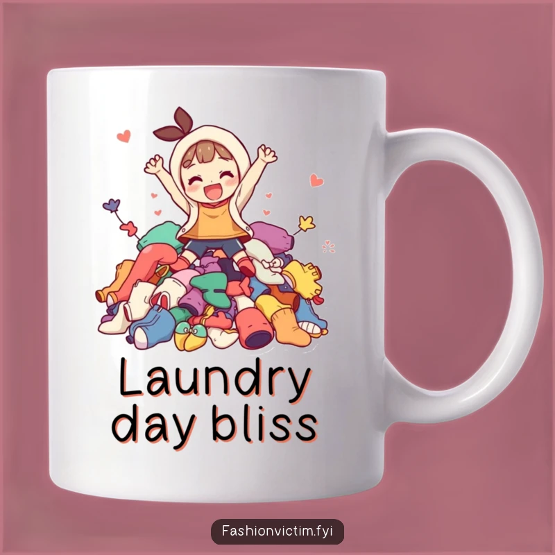 Funny Laundry Mug: Jumper Character's Joyful Dive into Mismatched Clothing Pile