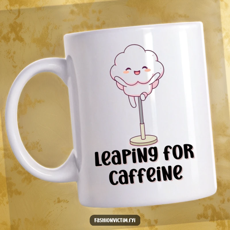 Funny mug showing a fluffy cloud character joyfully leaping over a mannequin leg, embodying freedom and playful spirit.