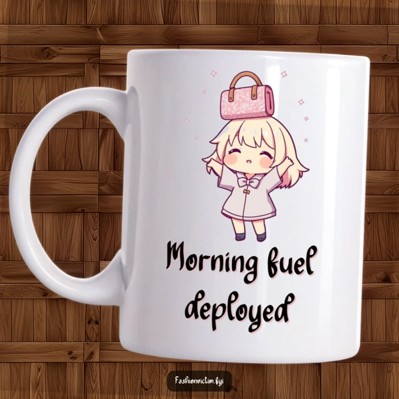 Funny Mug showing a joyful character energetically spinning a sparkly handbag overhead in a playful, celebratory dance.