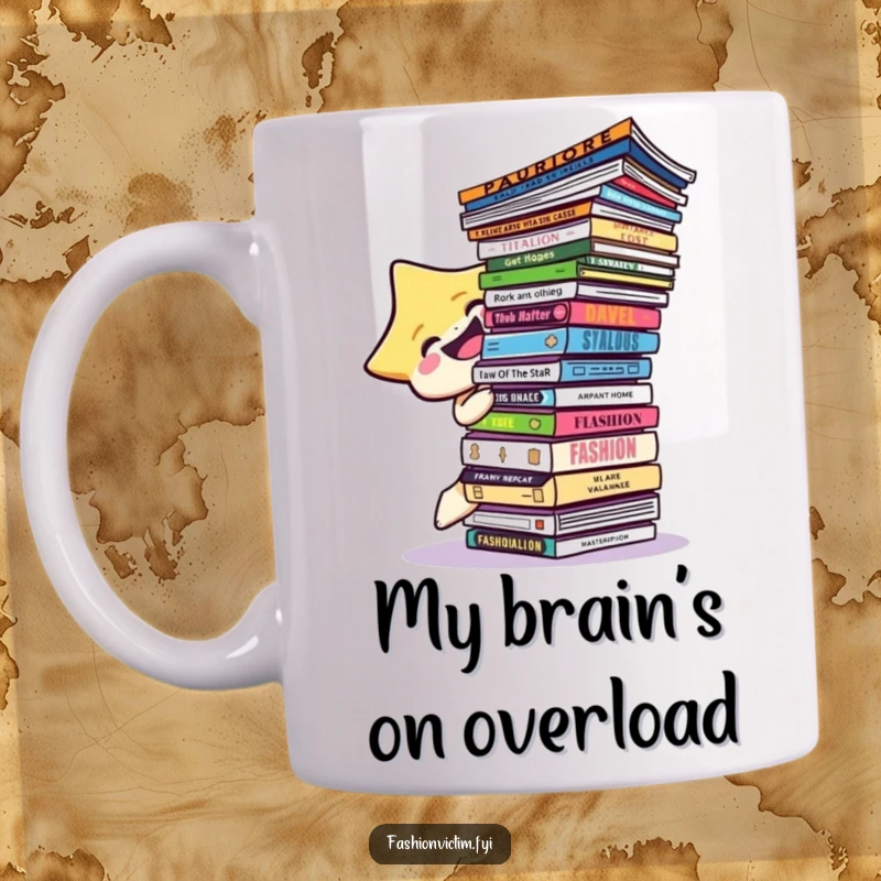 Funny star character giggling while struggling to balance an enormous pile of fashion magazines, perfect for a coffee mug.