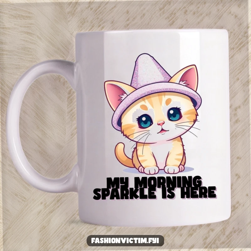 Funny mug showcasing a tiny cat adorably trying on an oversized, dazzling, and sparkly hat, exuding feline confidence and fashion.