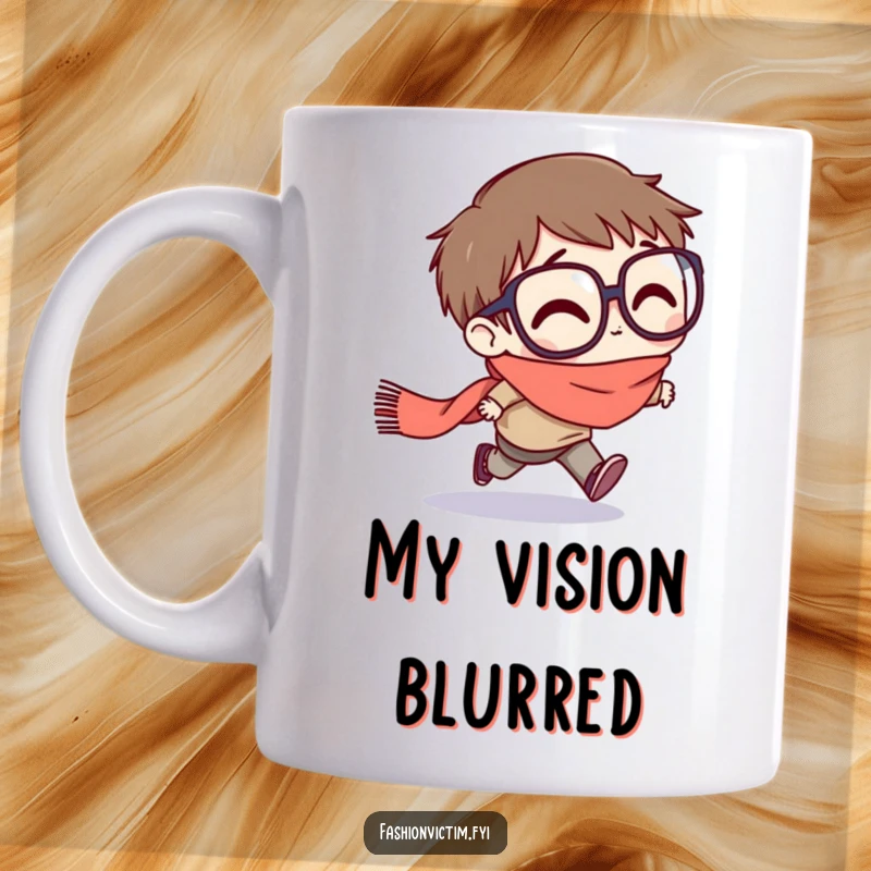 Funny mug featuring a character with exaggeratedly large glasses stumbling forward, tripping hilariously on a trailing scarf.