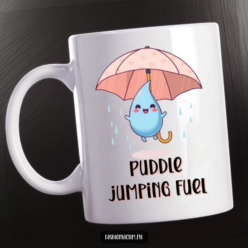 Funny Mug showing a playful raindrop character happily bouncing on a colorful patterned umbrella, celebrating the rain.