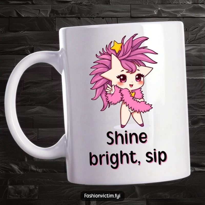 Funny Mug featuring a tiny star character posing glamorously with a fluffy pink feather boa and a wink.