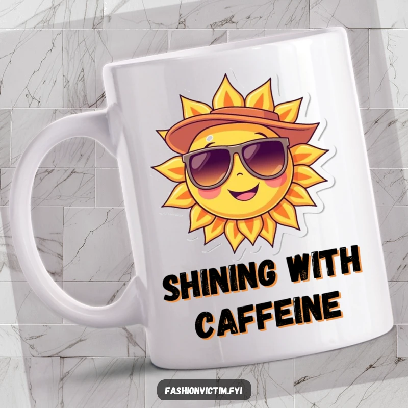 Funny Mug featuring a smiling sun character wearing oversized sunglasses and a stylish hat, radiating cool vibes.