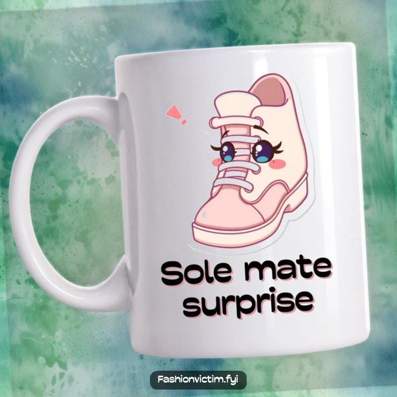 Funny mug depicting a surprised character staring wide-eyed at a shoe that winked with a tiny eye, highlighting a whimsical, unexpected moment.