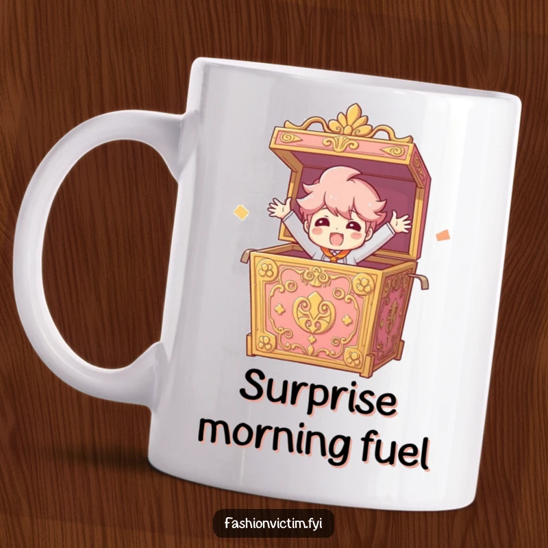 Funny Mug depicting a character exuberantly bursting from a giant ornate box with arms outstretched, symbolizing surprise.