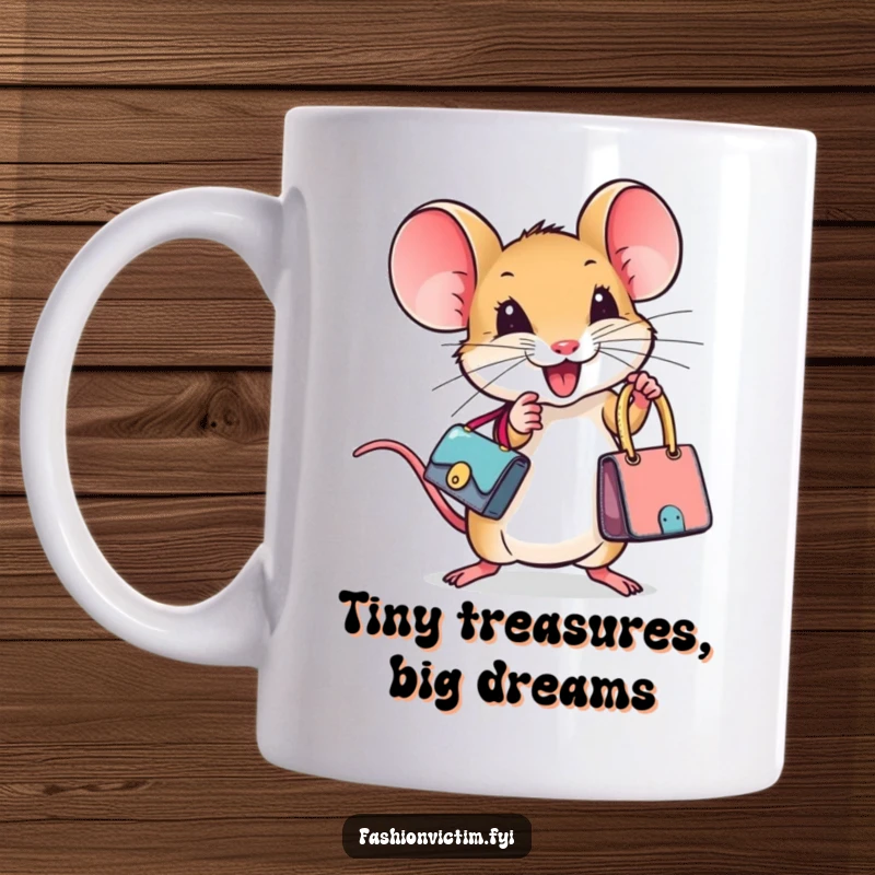 Funny mug with a tiny mouse ecstatically holding a miniature designer handbag, embodying high fashion and whimsical joy.