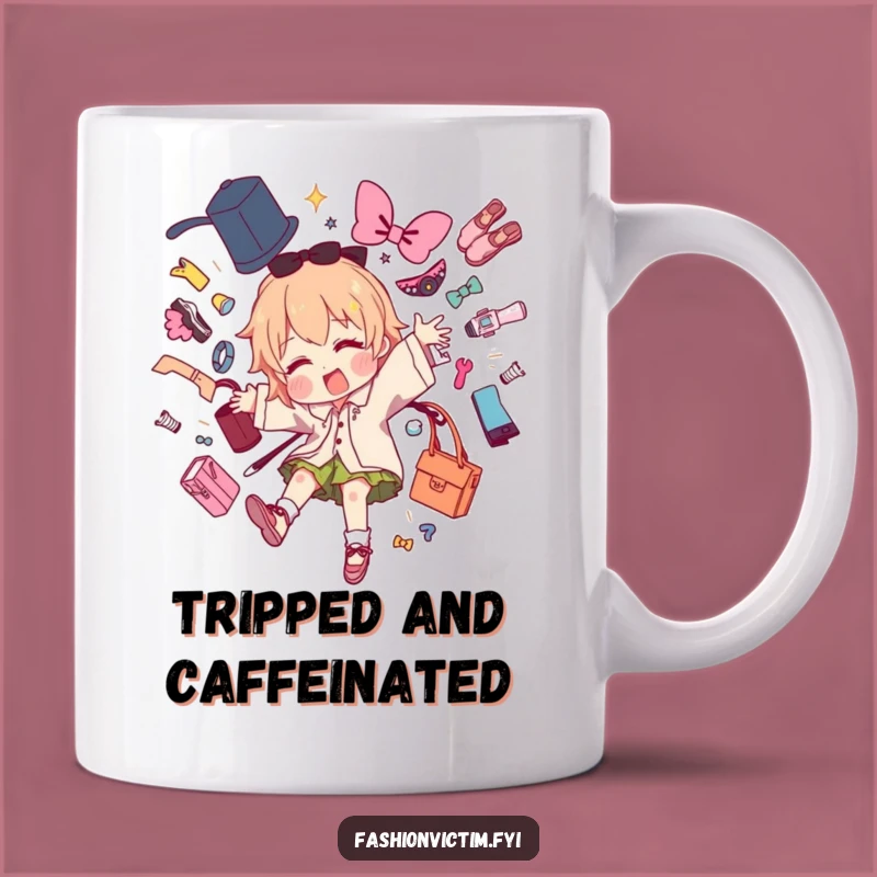 Funny Fashion Mishap Mug: Tripping Designer Chaos, Perfect Gift for Stylish Clumsiness