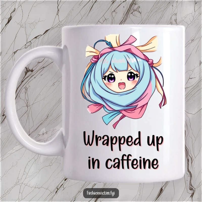 Funny mug featuring a character happily tangled in colorful fabric with a surprised, joyous expression, celebrating delightful chaos.