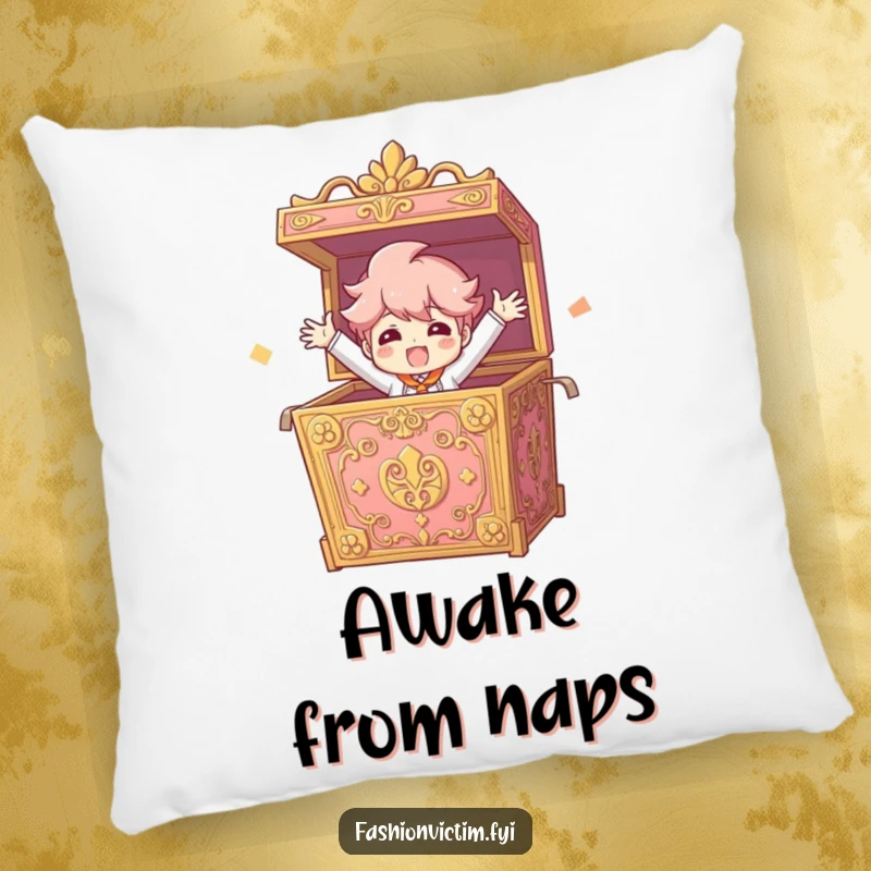 Funny Pillow depicting a character bursting from an ornate box with arms outstretched, adding humorous excitement.