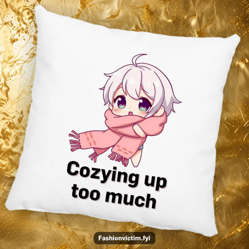 Funny pillow featuring a character happily tangled in a long, flowing scarf, beaming with comical surprise.