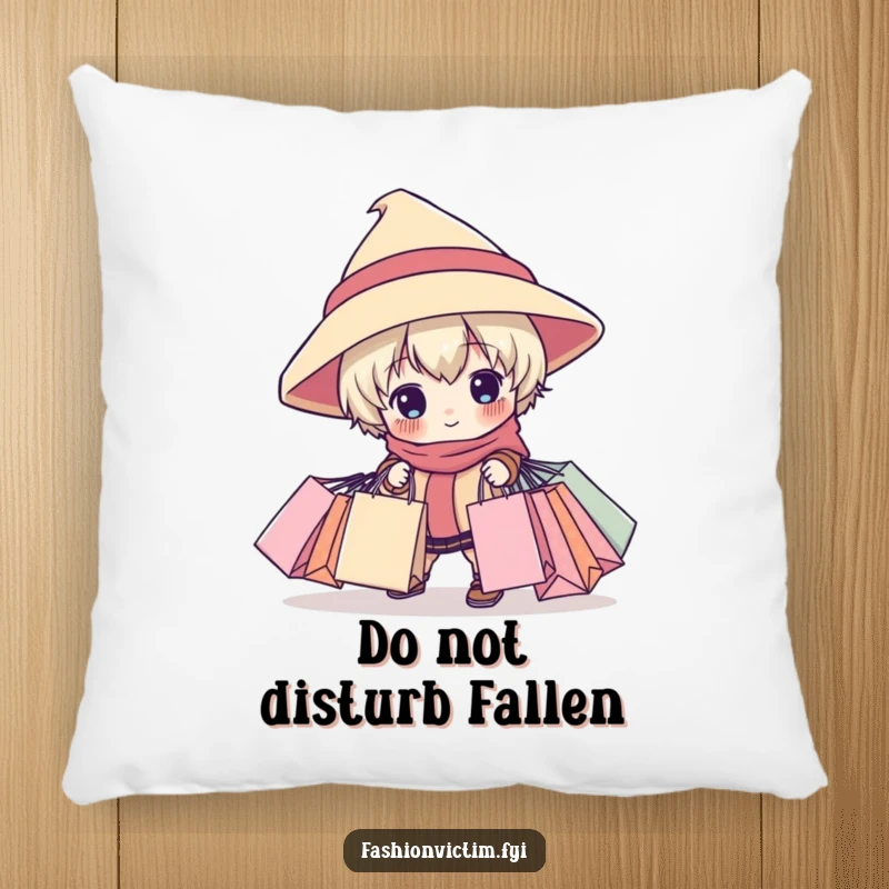 Funny pillow illustrating a child character in a large hat tripping with many shopping bags, a soft and humorous decor item.