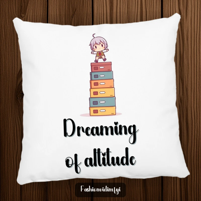 Funny Pillow: A charming character fearlessly balancing on numerous piled shoe boxes, a humorous accent piece for any couch.