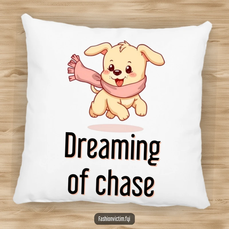 Funny pillow showing a playful puppy comically chasing a runaway, frilly scarf, perfect for dog lovers.