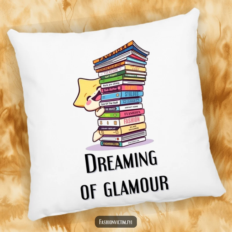 Funny star character laughing hysterically while attempting to balance a large stack of fashion magazines on a soft pillow.