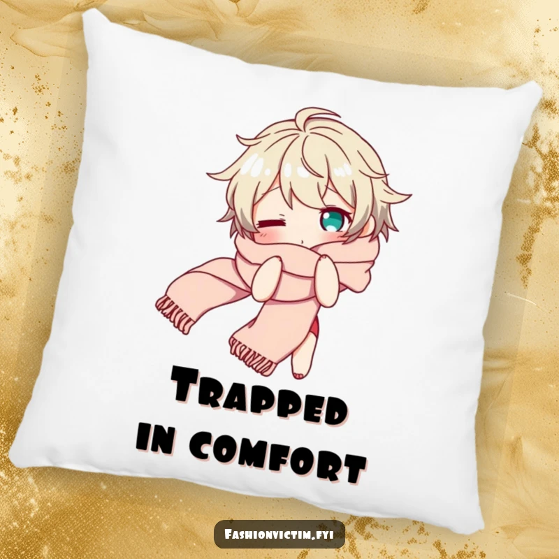 Funny pillow illustrating a character looking bewildered while tangled in a long, flowing scarf, a soft and humorous decor item.