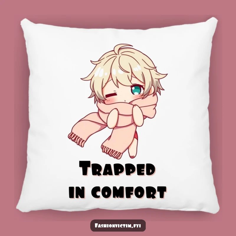 Funny Bewildered Pillow: Character Tangled in Scarf, Comfy Funny Gift