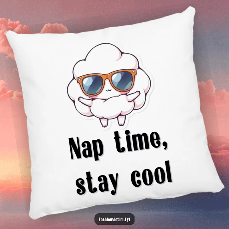 Funny pillow featuring a tiny cloud wearing oversized sunglasses, striking a confident pose, perfect for adding a cool touch to sofas or beds.