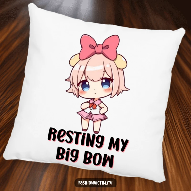 Funny pillow showcasing a confident girl character with a massive bow, posing boldly, ideal for humorous and comfortable decor.