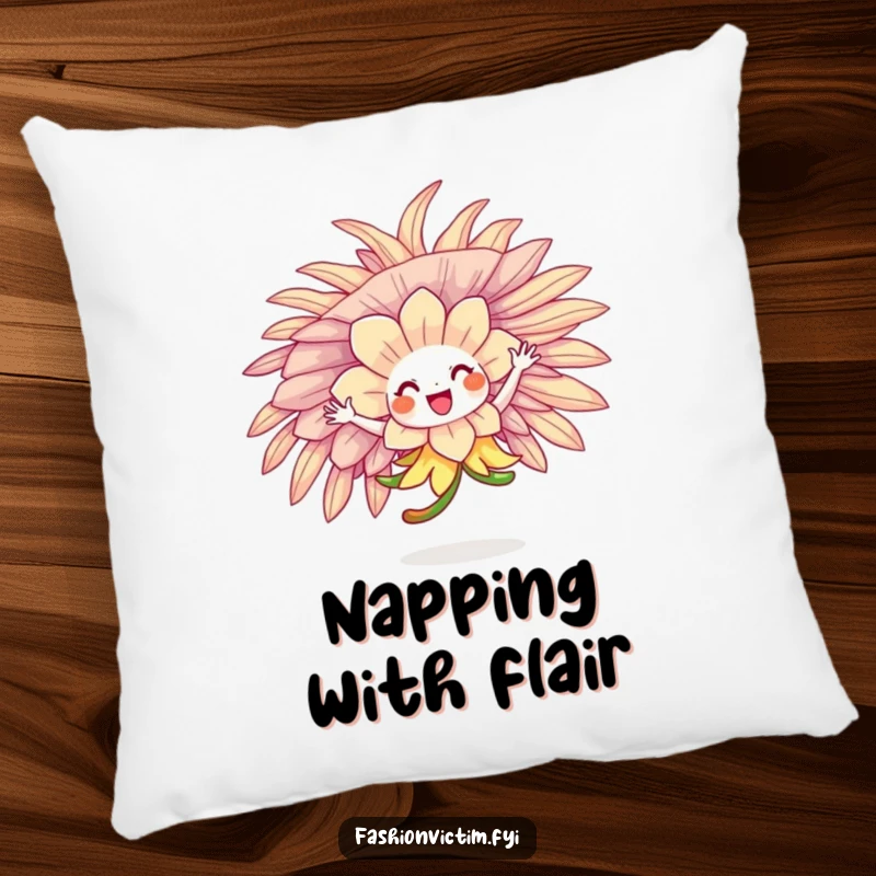 Funny flower character joyfully twirling in an oversized, feathered hat, featured on a soft, decorative pillow.