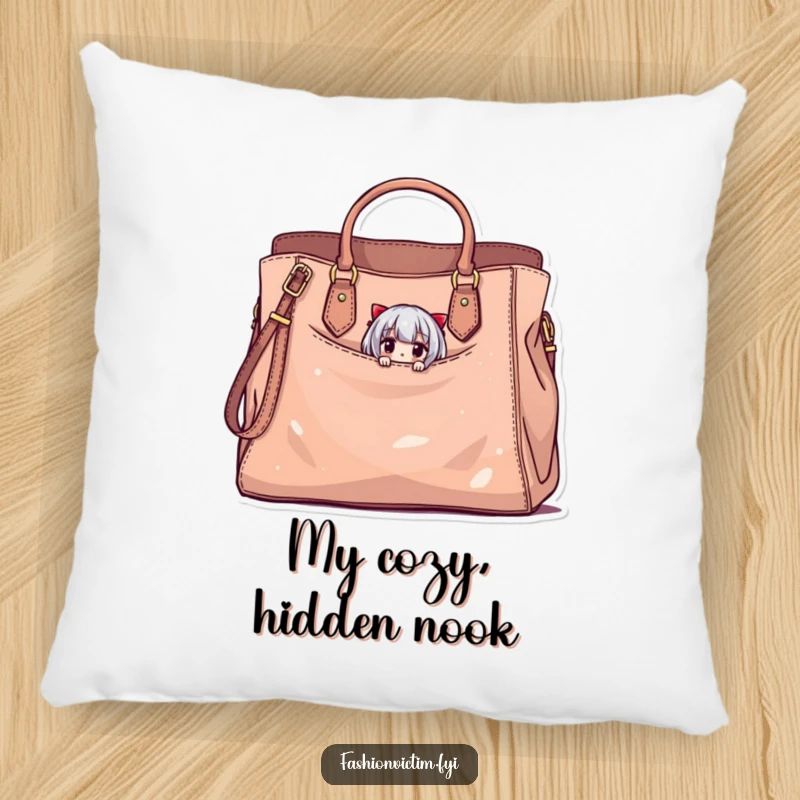 Funny pillow illustrating a tiny character peeking from a large, stylish handbag with minor damage, a soft and humorous decor item.