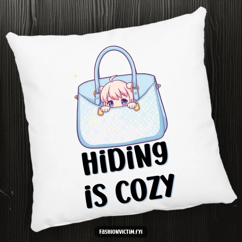 Funny throw pillow showing a character peeking from a large, sparkly handbag, adding a whimsical and cozy touch to any room.