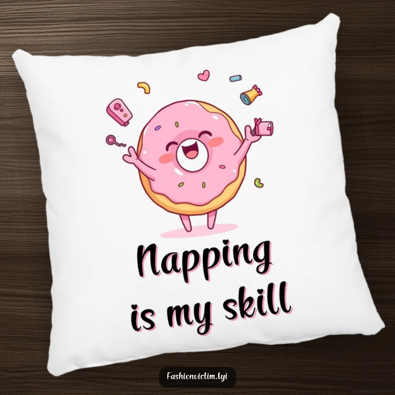 Funny pillow featuring a pink donut character joyfully juggling tiny, colorful accessories, perfect for adding comfort and a cheerful vibe.