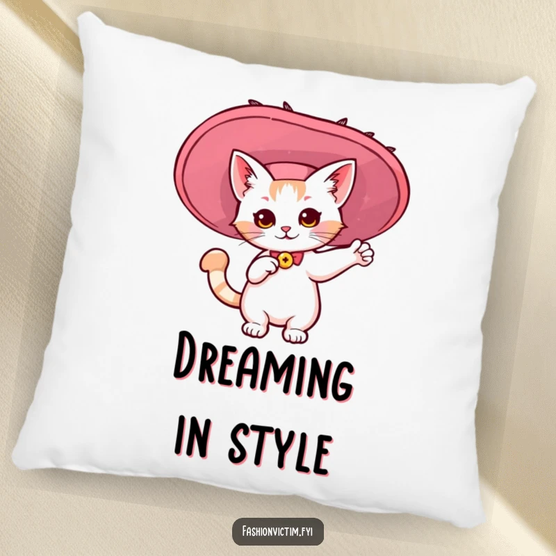 Funny pillow with a kawaii cat dramatically posing in an oversized, flamboyant hat. Soft, humorous decor.