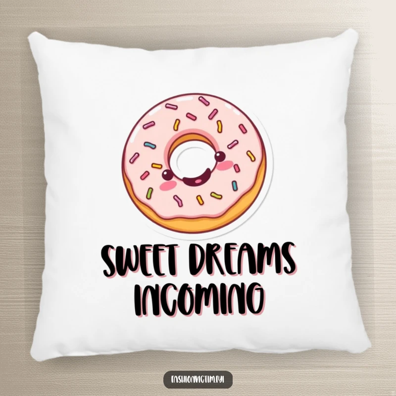 Funny Kawaii donut pillow, a cheerful donut spinning with sprinkles, offering comfort and a humorous, sweet touch.