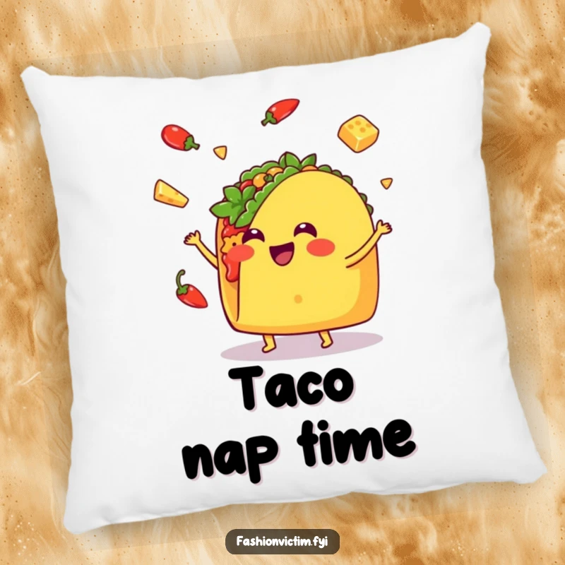 Funny Kawaii taco pillow, featuring a smiling taco juggling, offering comfort and a humorous, playful touch.