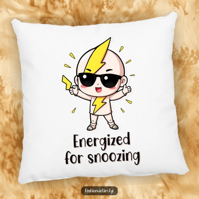 Funny Pillow depicting a cute lightning bolt character striking a dramatic, fashionable pose, adding style to any room.