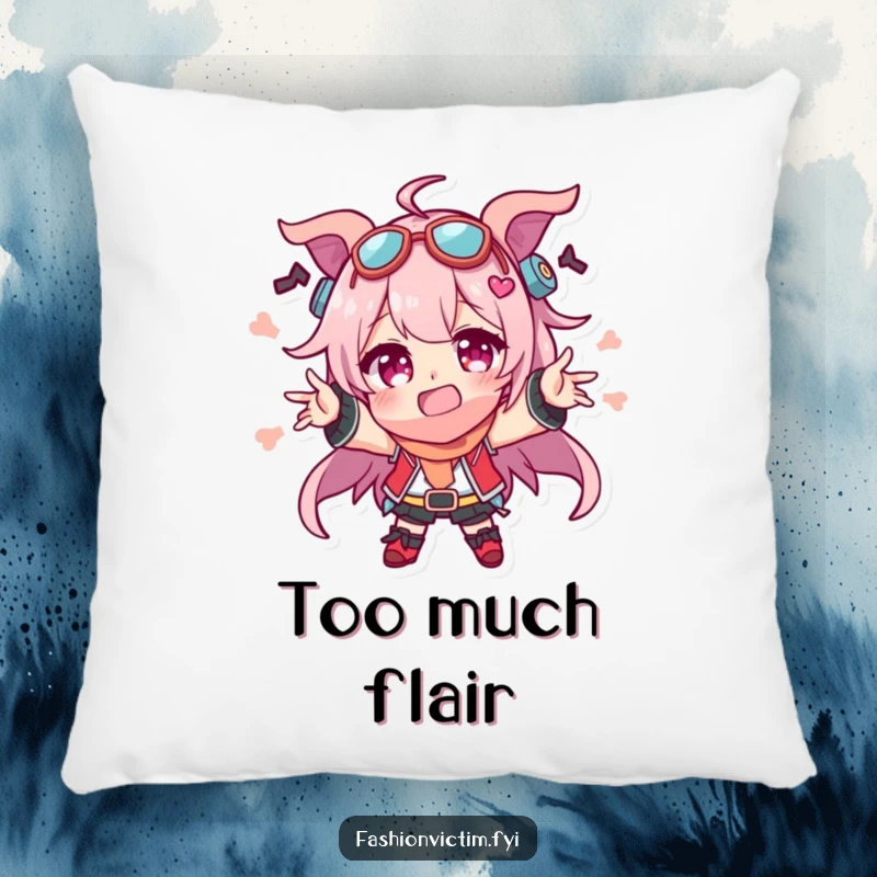 Funny pillow showcasing a character joyfully displaying a comical abundance of mismatched accessories, adding cozy humor to any seating area.
