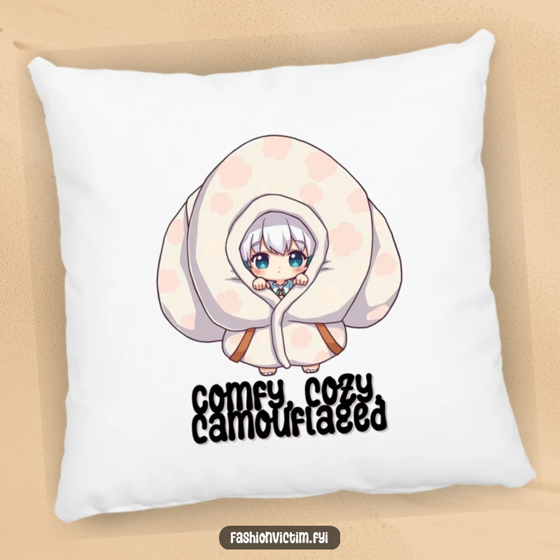 Funny Pillow design of a shy character peeking from a massive, colorful patterned garment, offering plush comfort and humor.