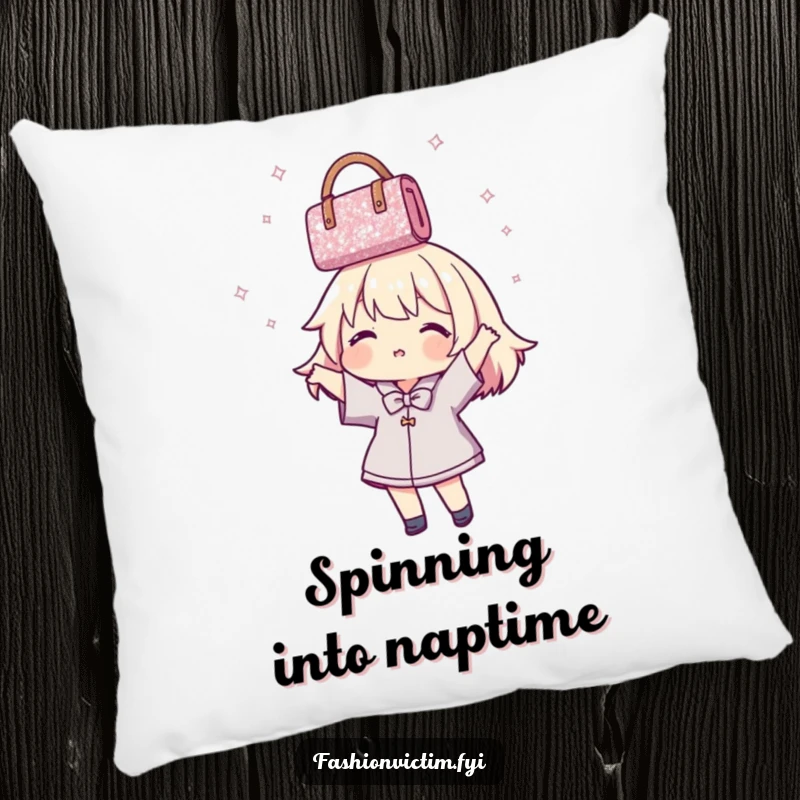 Funny Pillow with a design of a happy character playfully spinning a shimmering handbag above their head, adding comfort and humor.