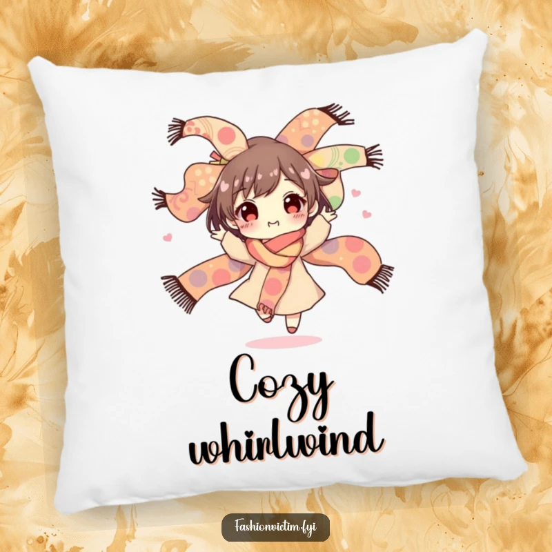 Funny pillow design of a character happily twirling with a large bunch of wildly patterned scarves, providing comfort and a stylish touch.
