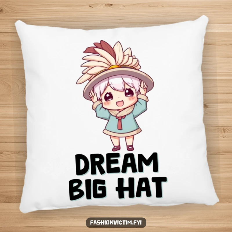 Funny pillow design of a character happily wearing a comically large, feathered hat, providing comfort and a stylish touch of drama.