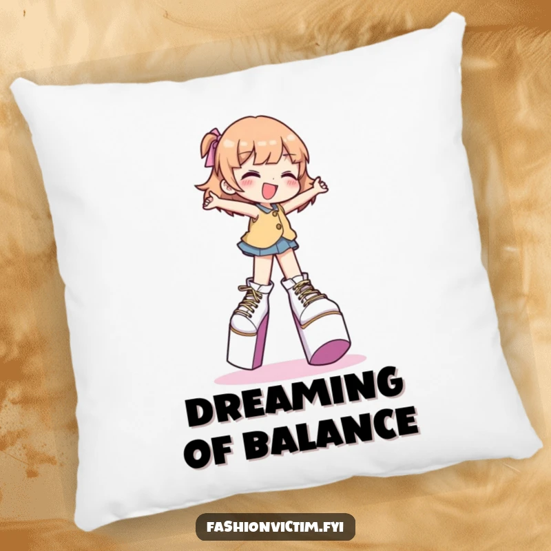Funny pillow showing a character gleefully attempting to walk in extremely high platform shoes, a cozy decor item.