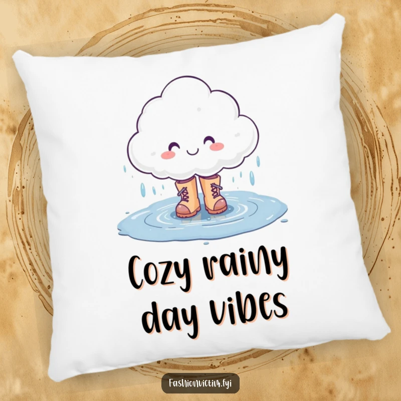 Funny pillow featuring a smiling rain cloud character splashing in a puddle with stylish boots, adding cheerful decor.