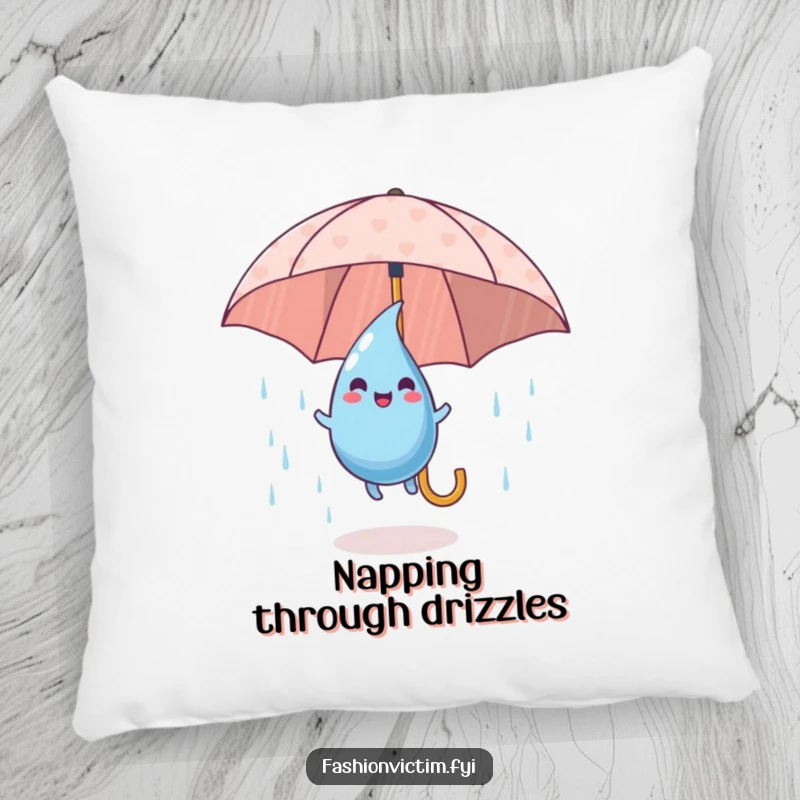 Funny Pillow depicting a playful raindrop character happily bouncing on a patterned umbrella, adding charm to any room.